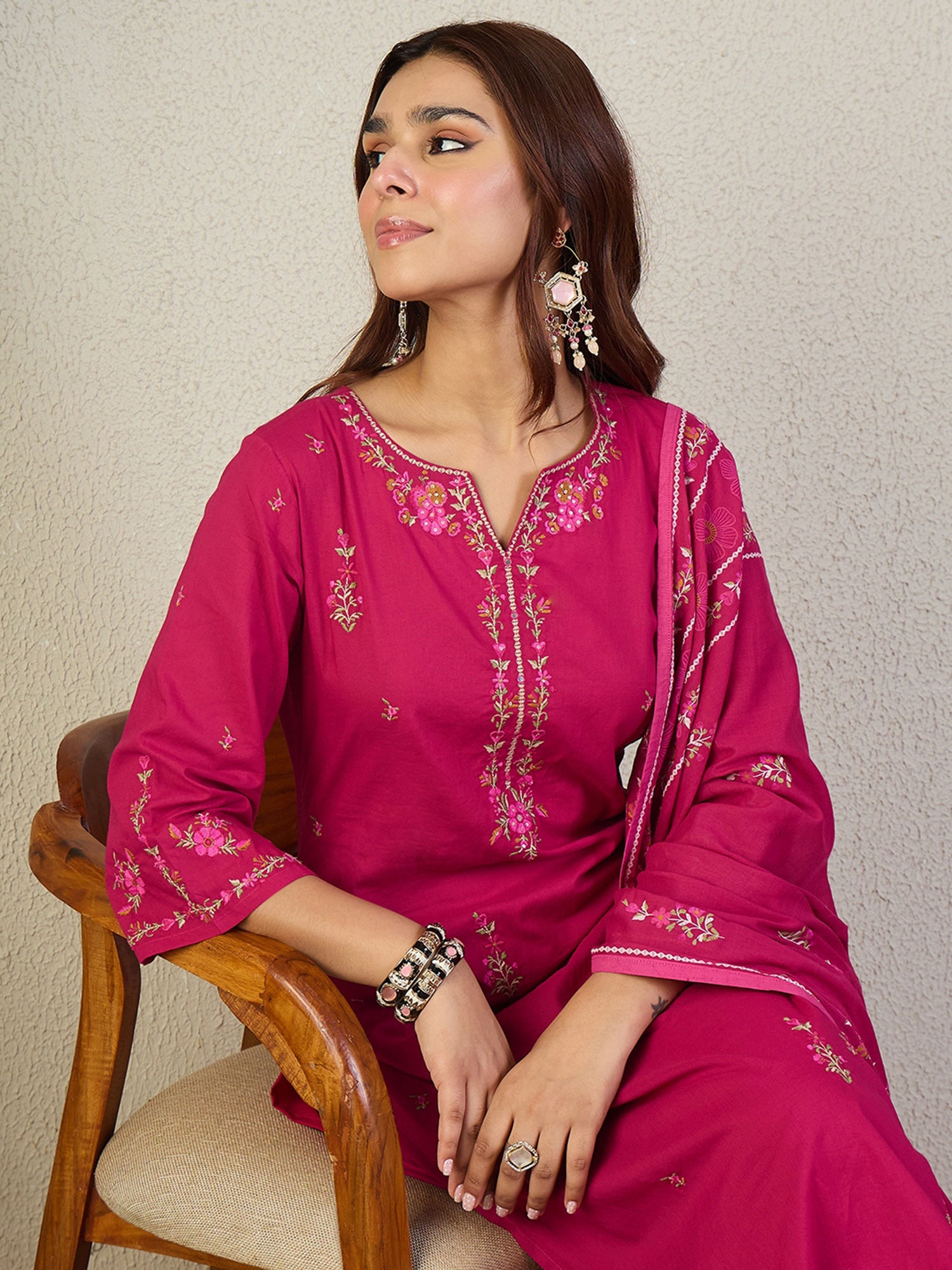 Indo Era Pink Embroidered Straight Kurta Trousers With Dupatta set