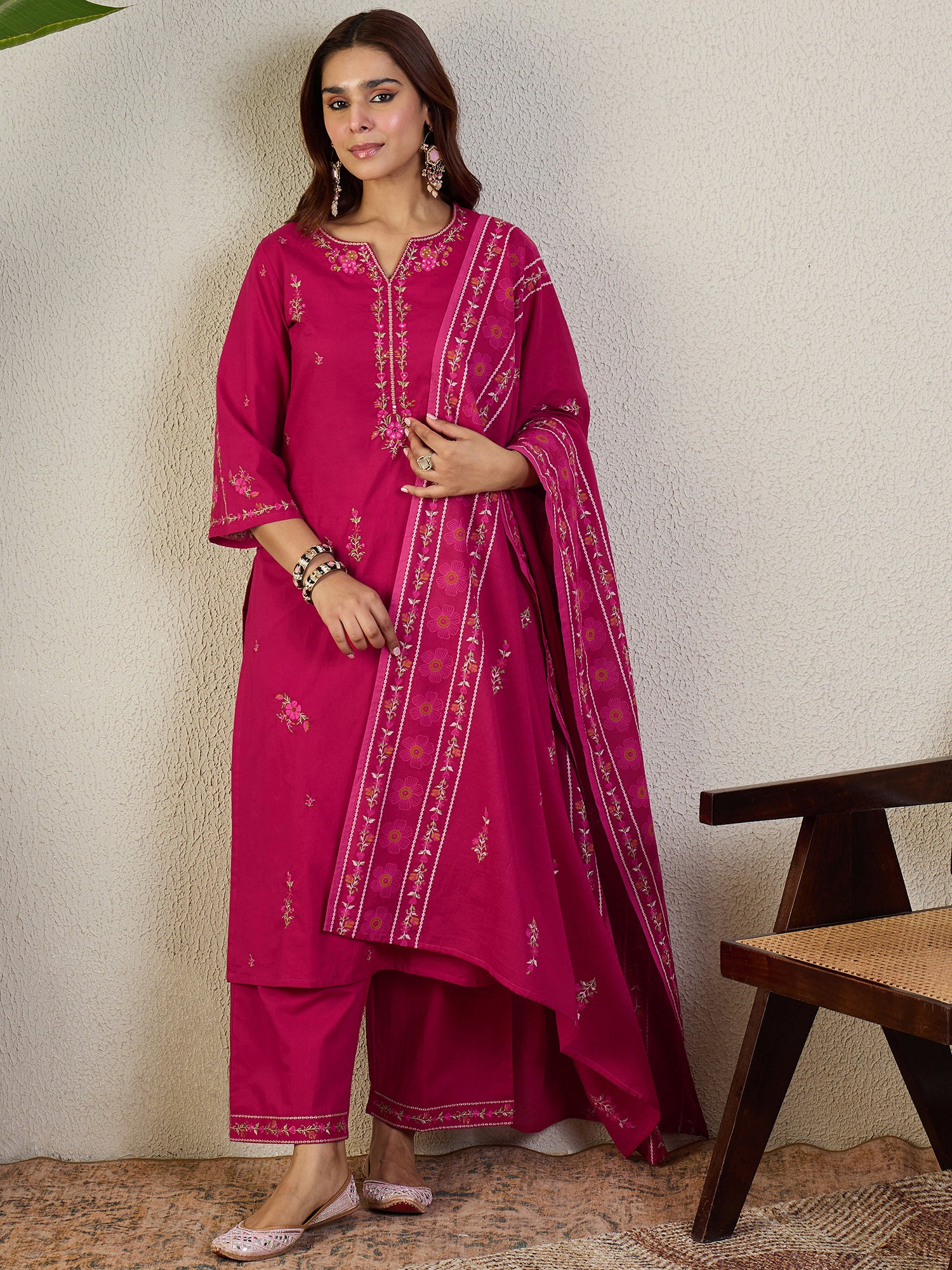 Indo Era Pink Embroidered Straight Kurta Trousers With Dupatta set