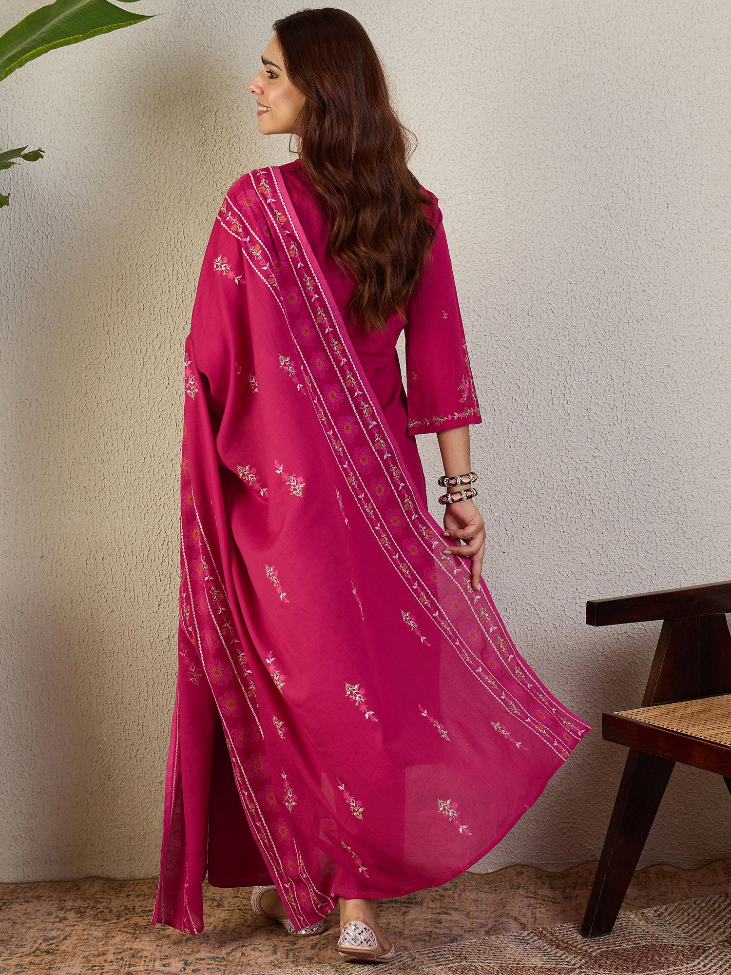 Indo Era Pink Embroidered Straight Kurta Trousers With Dupatta set