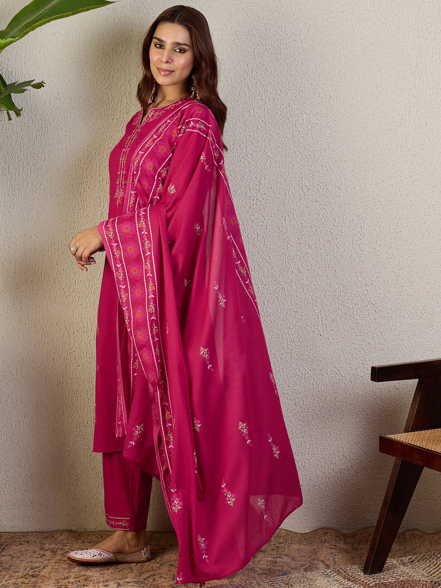 Indo Era Pink Embroidered Straight Kurta Trousers With Dupatta set