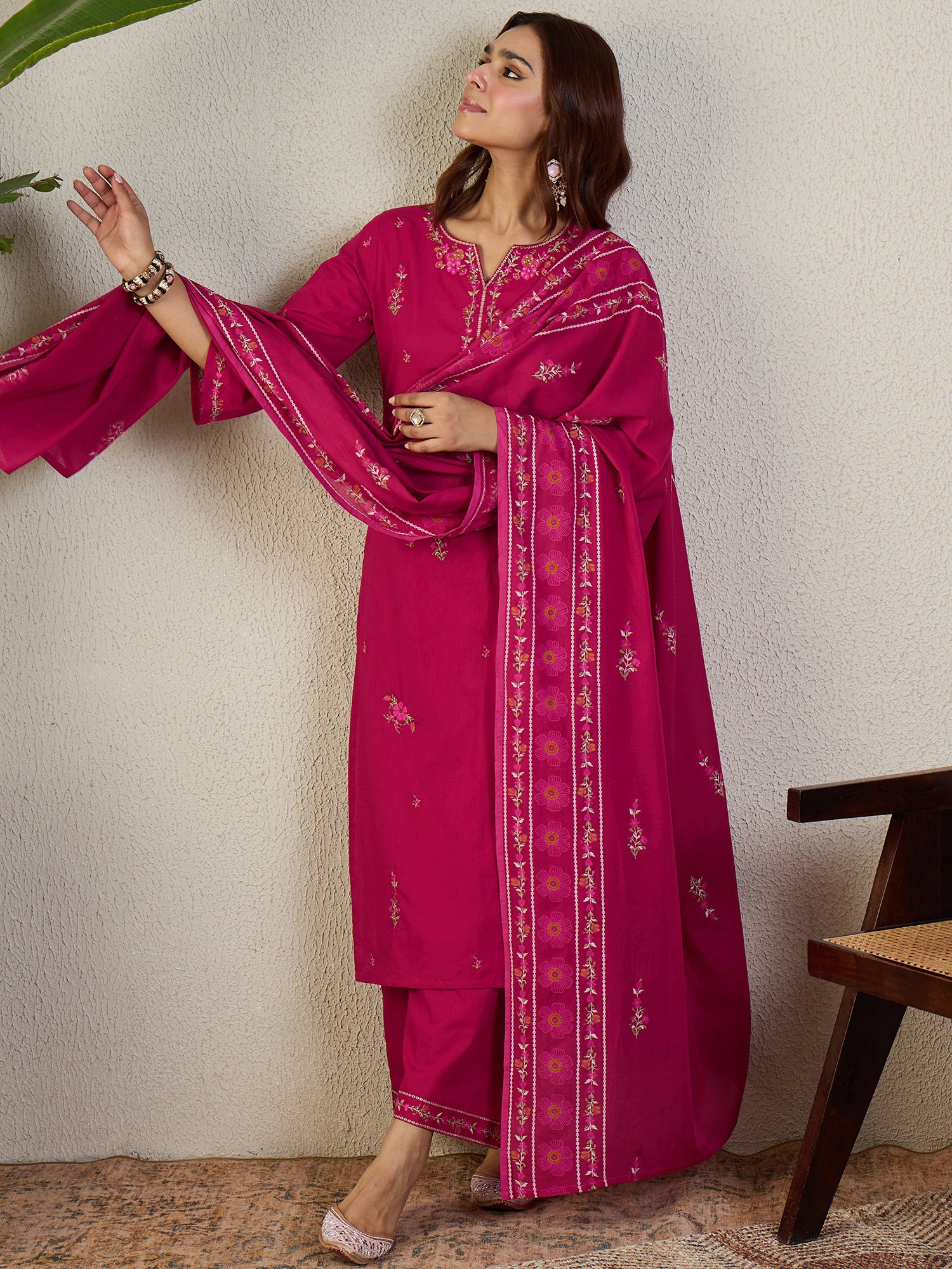 Indo Era Pink Embroidered Straight Kurta Trousers With Dupatta set