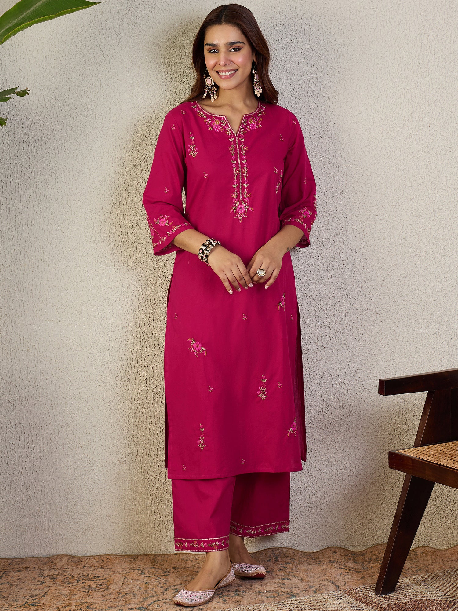 Indo Era Pink Embroidered Straight Kurta Trousers With Dupatta set