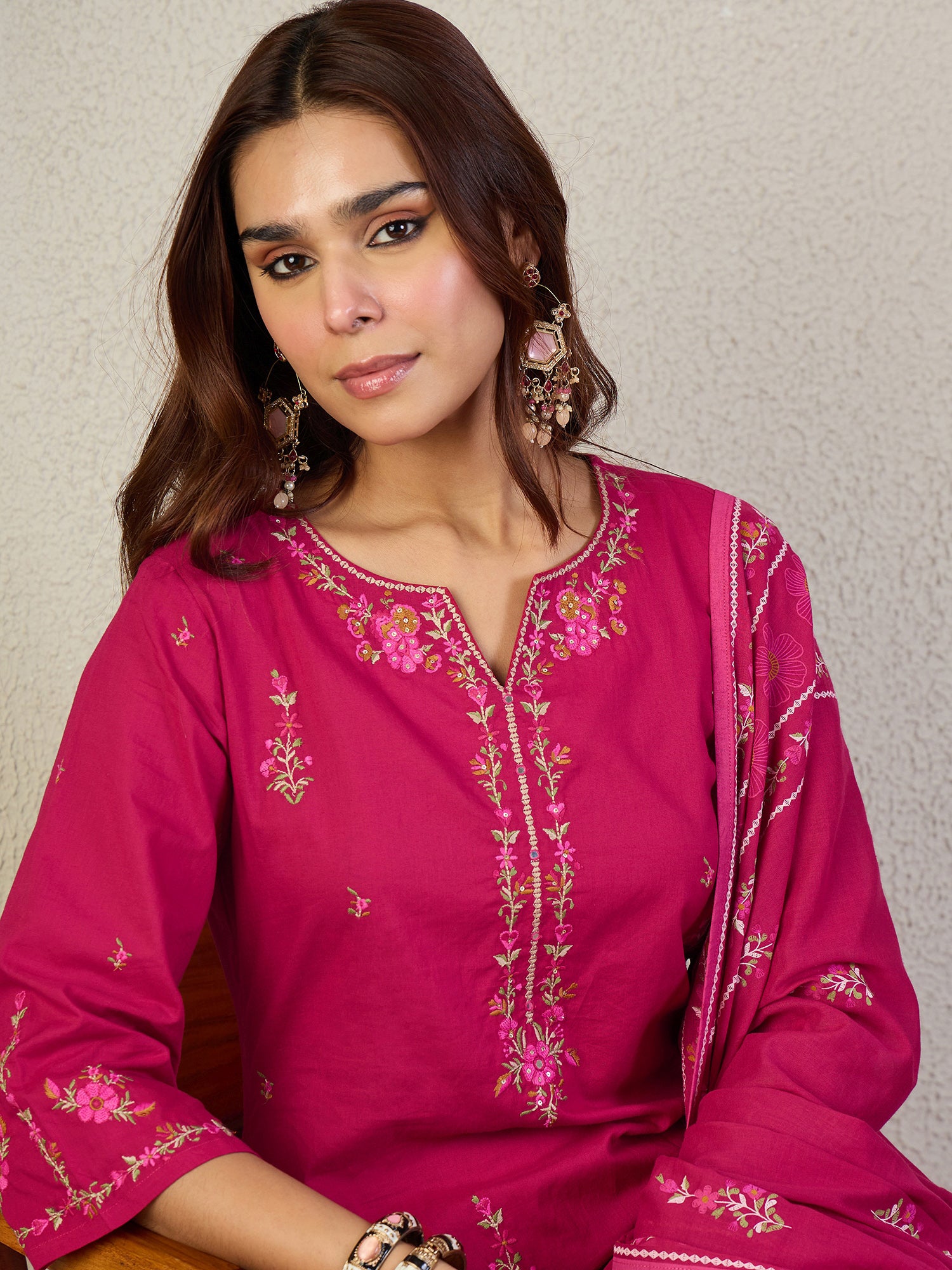 Indo Era Pink Embroidered Straight Kurta Trousers With Dupatta set