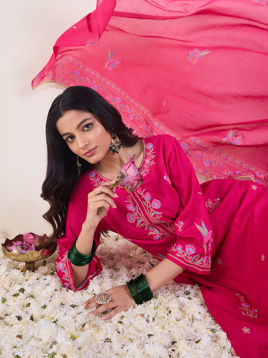 Indo Era Pink Embroidered Straight Kurta Trousers With Dupatta Set