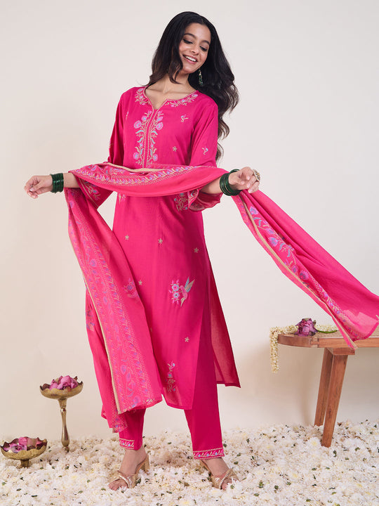 Indo Era Pink Embroidered Straight Kurta Trousers With Dupatta Set