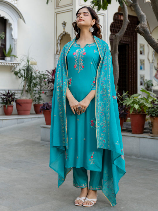 Indo Era Blue Embroidered Straight Kurta Trousers With Dupatta Set