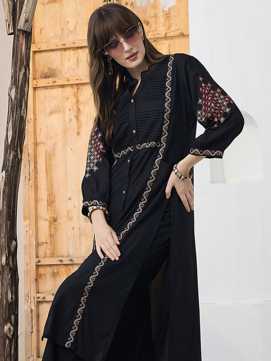 Black Embroidered Viscose Rayon Straight Kurta Trousers Set