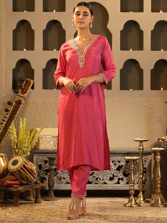 Pink Embroidered Silk Blend Straight Kurta Trouser Set