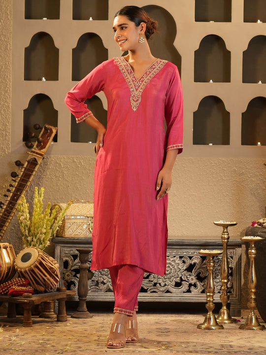 Pink Embroidered Silk Blend Straight Kurta Trouser Set