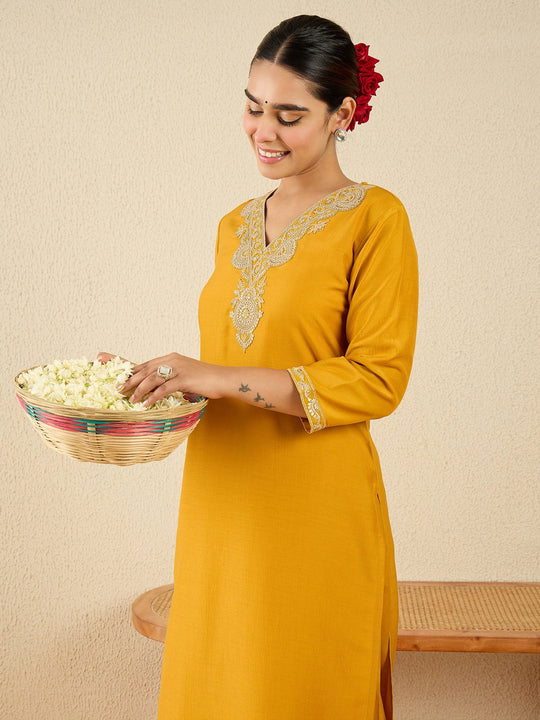 Yellow Embroidered Straight Chinon Kurta Sets