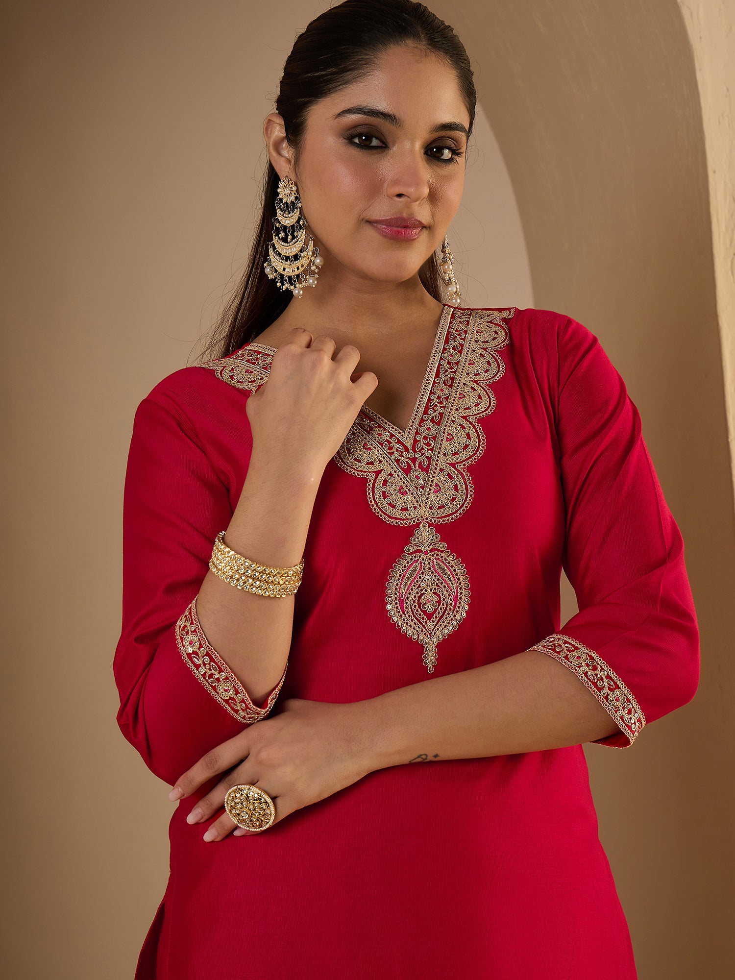 Red Embroidered Liva Straight V-Neck Kurta Trouser Set