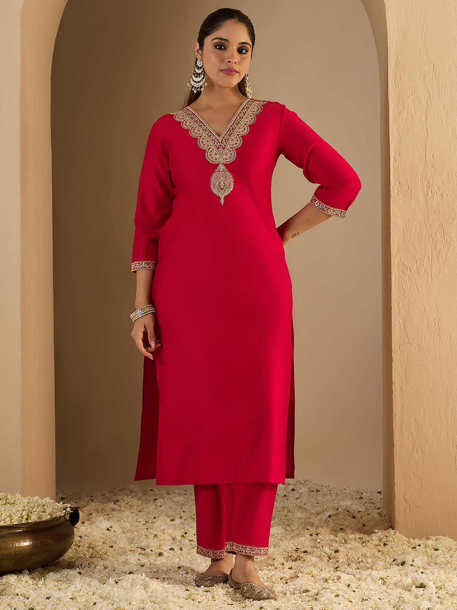Red Embroidered Liva Straight V-Neck Kurta Trouser Set