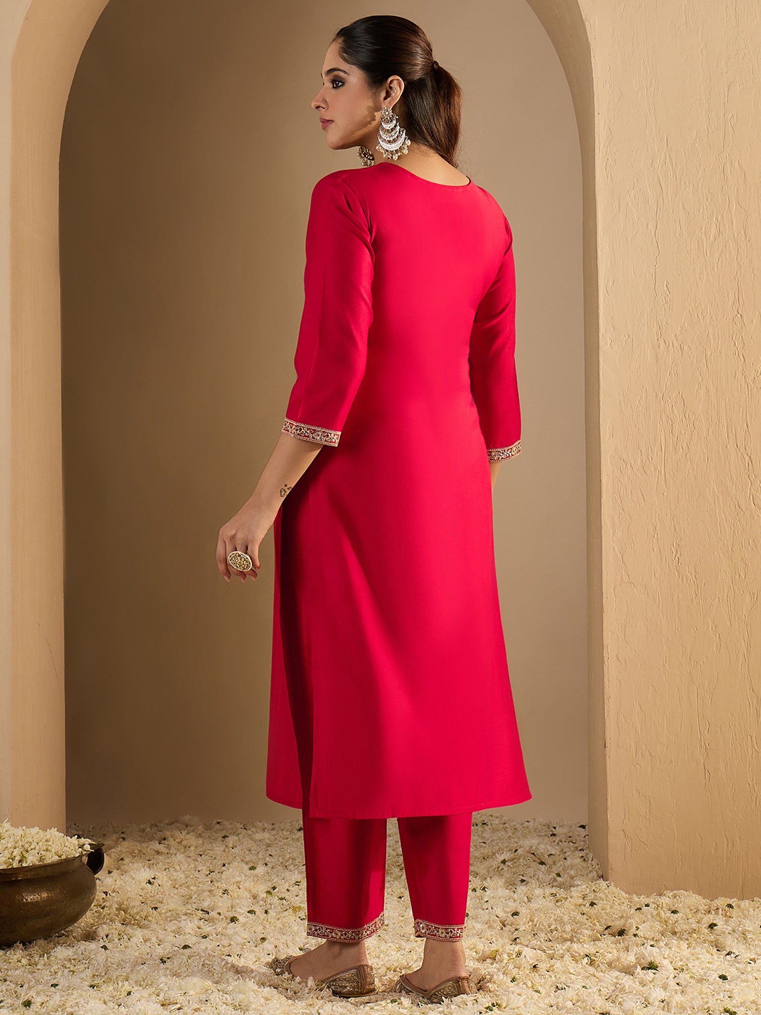 Red Embroidered Liva Straight V-Neck Kurta Trouser Set