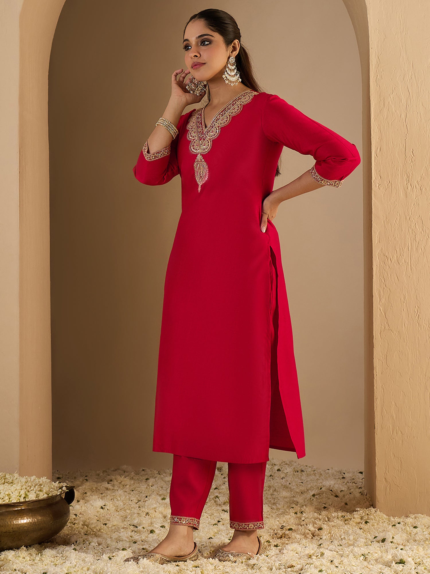 Red Embroidered Liva Straight V-Neck Kurta Trouser Set