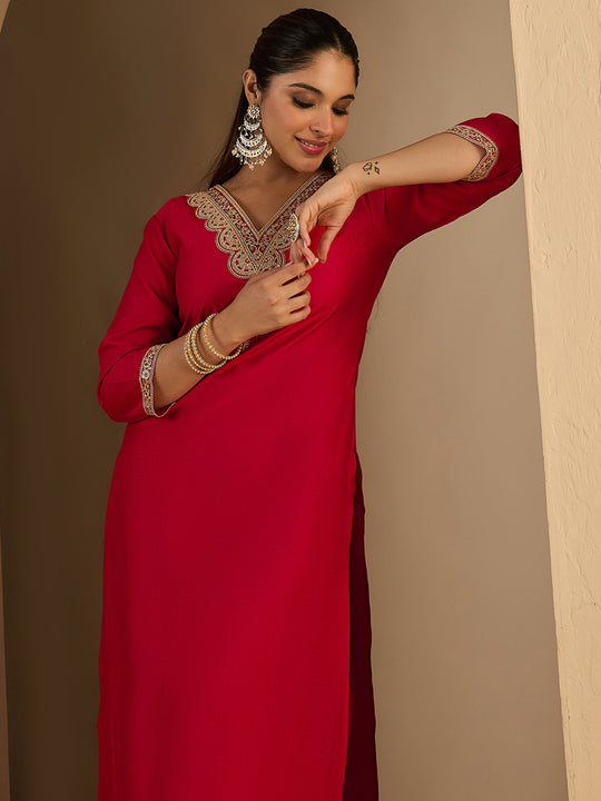 Red Embroidered Liva Straight V-Neck Kurta Trouser Set