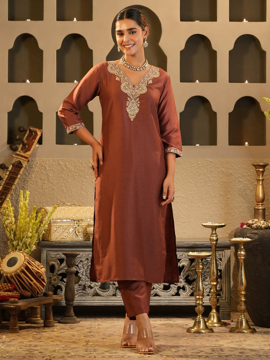 Brown Embroidered Silk Blend Straight Kurta Trouser Set