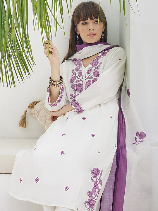 White Embroidered Viscose Rayon A-Line Suit Sets With Dupatta