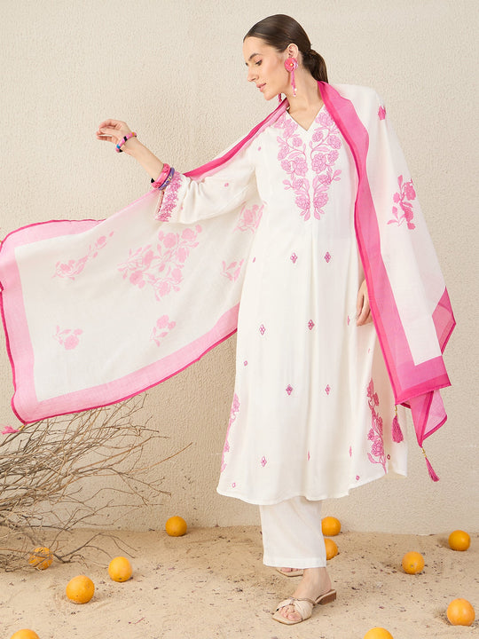 White Embroidered Viscose Rayon A-Line Suit Sets With Dupatta