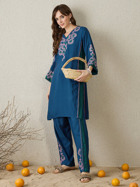 Indo Era Teal Embroidered Straight Kurta Trousers Set