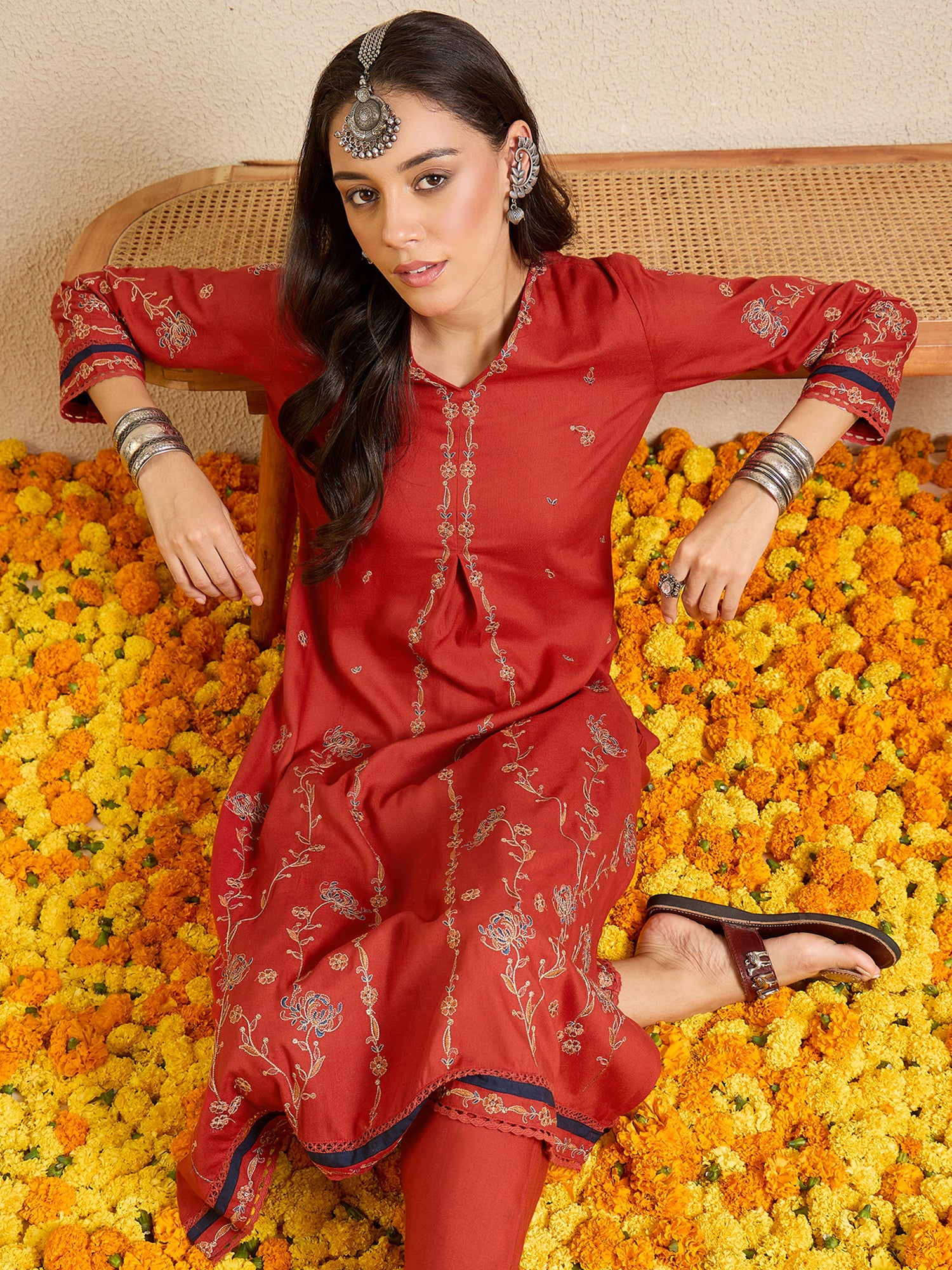 Indo Era Red Embroidered A-Line Kurta Palazzos Set