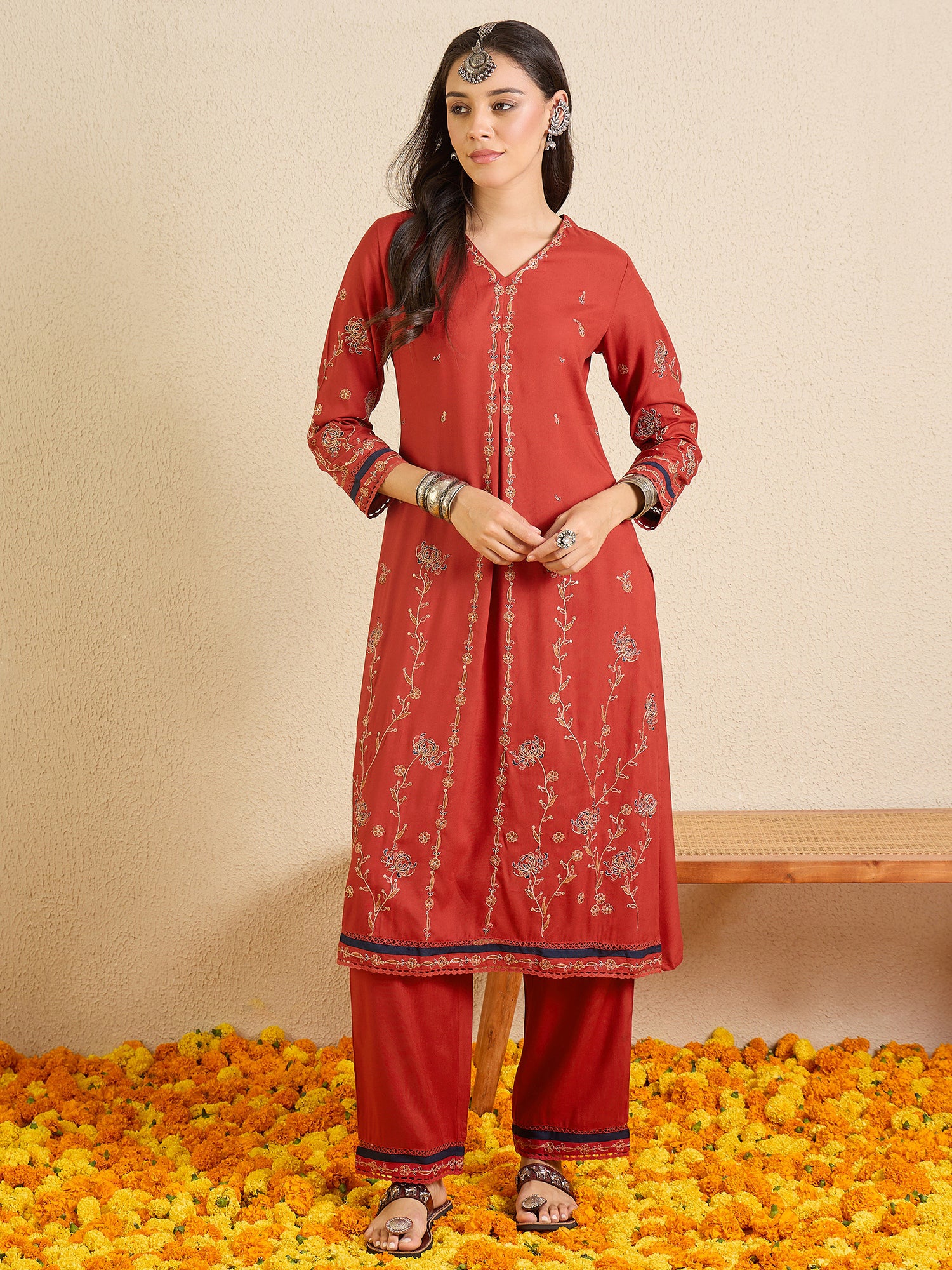 Indo Era Red Embroidered A-Line Kurta Palazzos Set