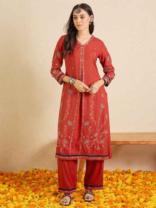 Indo Era Red Embroidered A-Line Kurta Palazzos Set