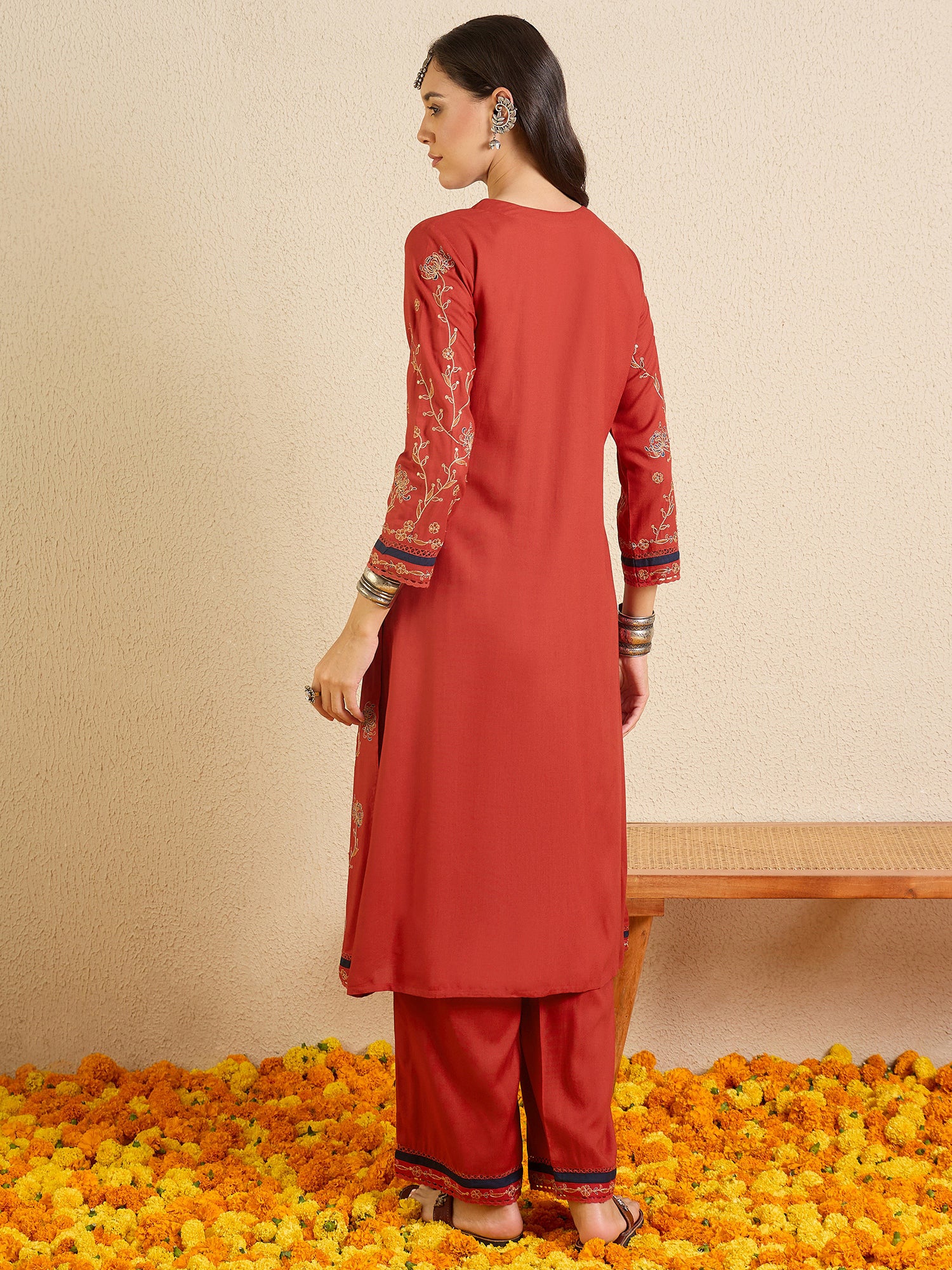 Indo Era Red Embroidered A-Line Kurta Palazzos Set