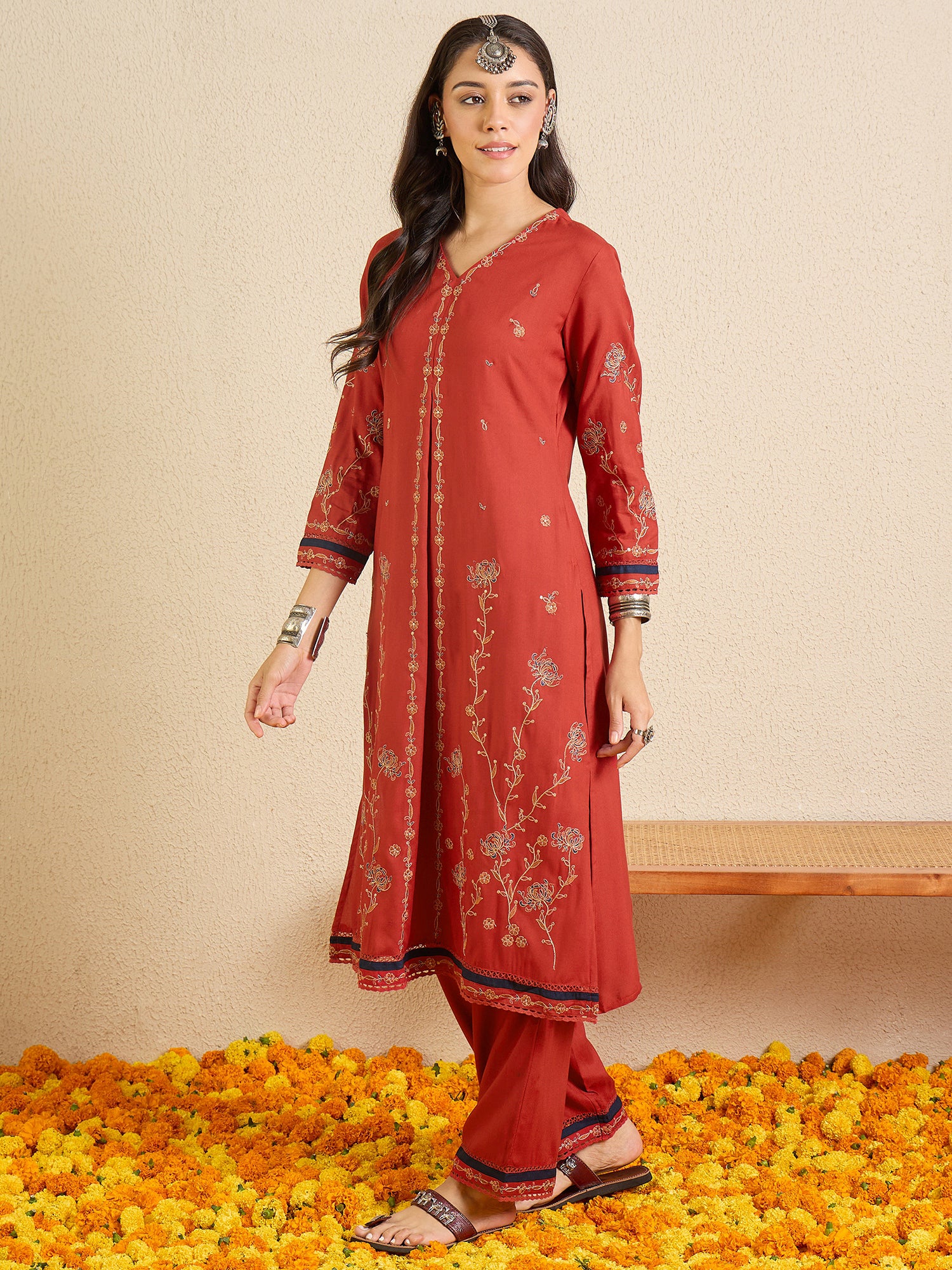 Indo Era Red Embroidered A-Line Kurta Palazzos Set