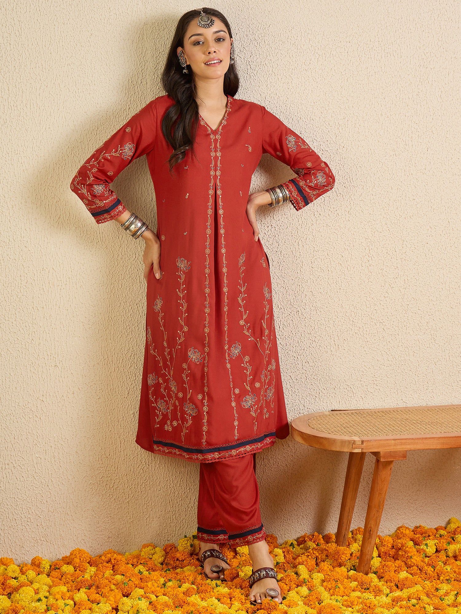 Indo Era Red Embroidered A-Line Kurta Palazzos Set