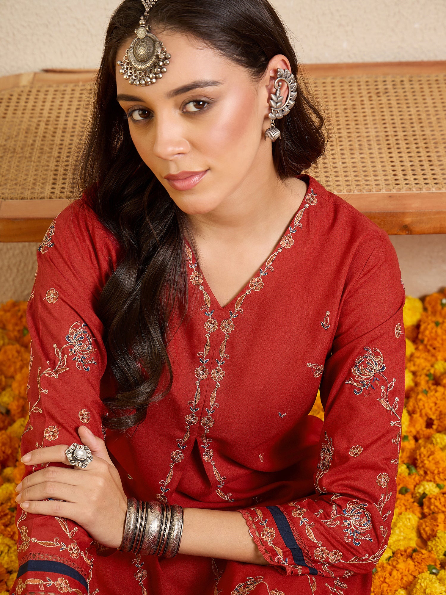 Indo Era Red Embroidered A-Line Kurta Palazzos Set