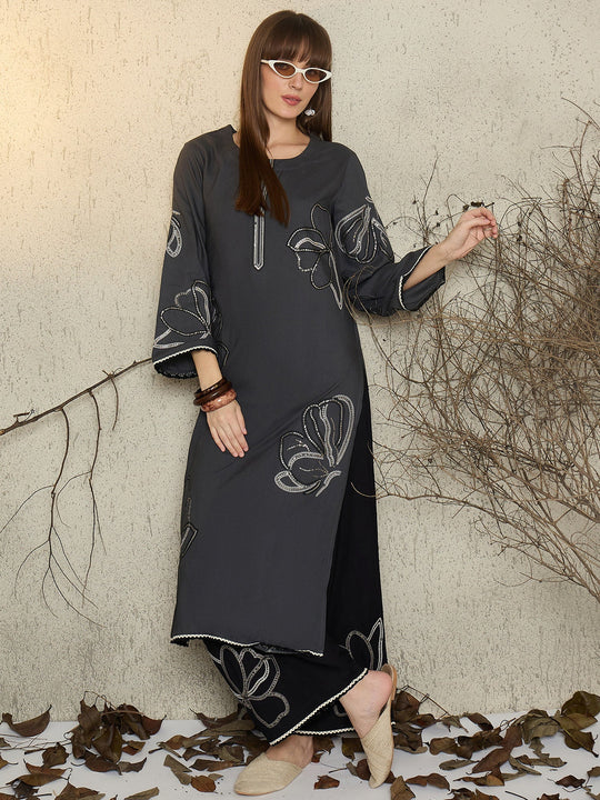 Grey Embroidered Viscose Rayon Straight Kurta Palazzo Set