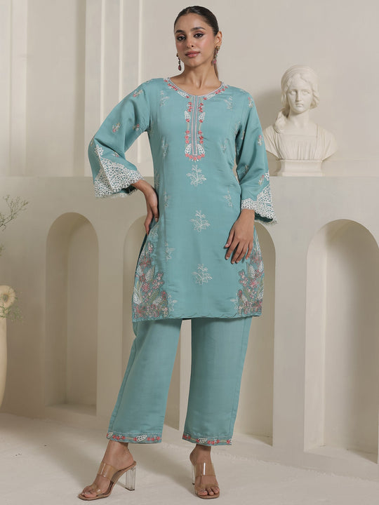 Teal Embroidered Silk Blend Straight Kurta Palazzo Set
