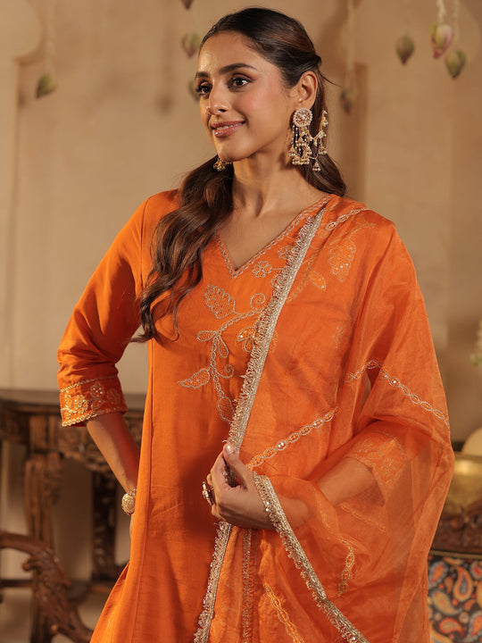 Rust Embroidered Silk Blend A-Line Suit Sets With Dupatta
