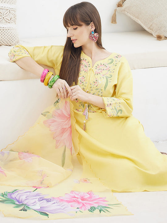 Yellow Embroidered Cotton Blend Straight Suit Sets With Dupatta