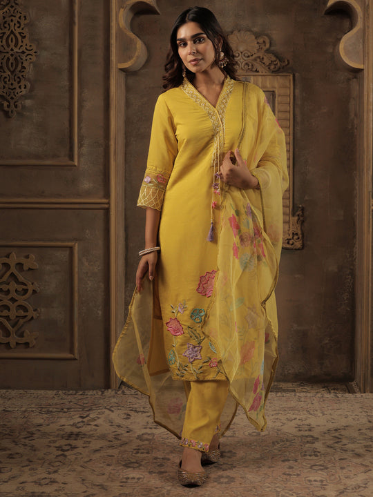 Mustard Embroidered Silk Blend Straight Kurta Sets With Dupatta