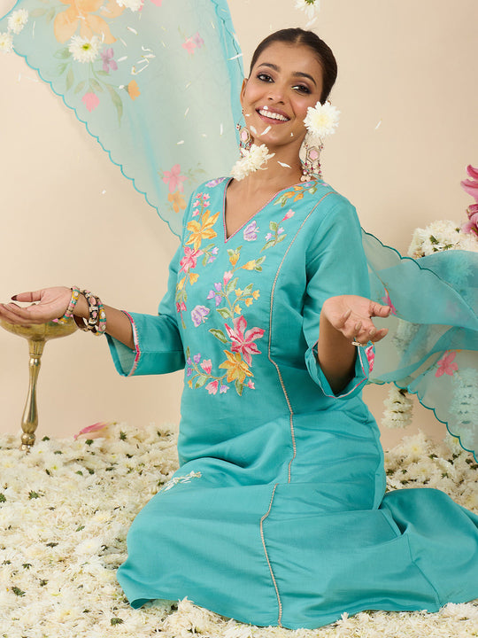 Indo Era Sea Green Embroidered A-Line Kurta Trousers With Dupatta Set