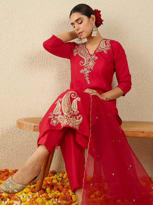 Red Embroidered Straight Liva Kurta Sets With Dupatta