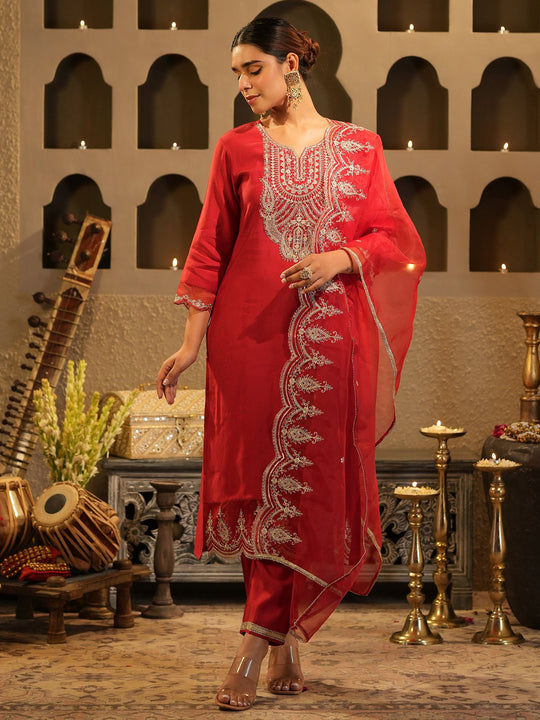 Red Embroidered Liva Straight Kurta Sets With Dupatta