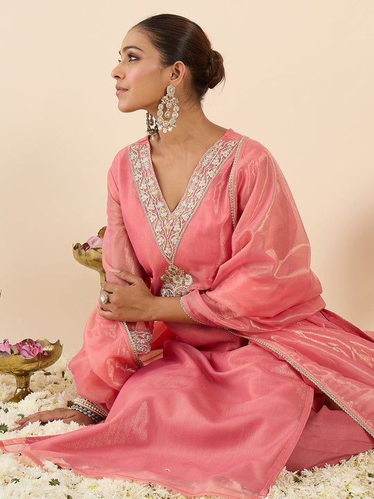 Indo Era Orange Embroidered Straight Kurta Trousers With Dupatta Set