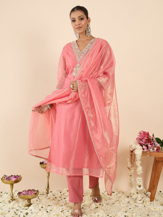 Indo Era Orange Embroidered Straight Kurta Trousers With Dupatta Set