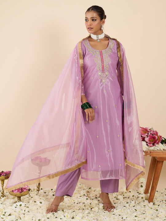 Indo Era Lavender Embroidered Straight Kurta Trousers With Dupatta Set