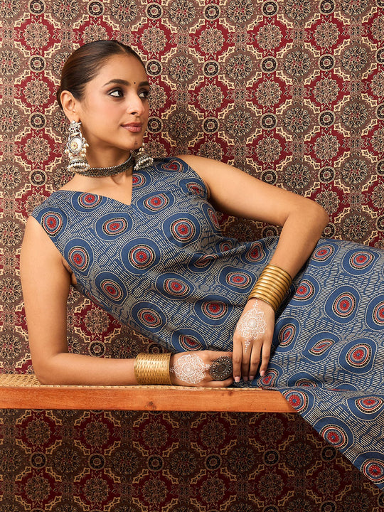 Blue Printed Pure Cotton Straight Kurta Trouser Set