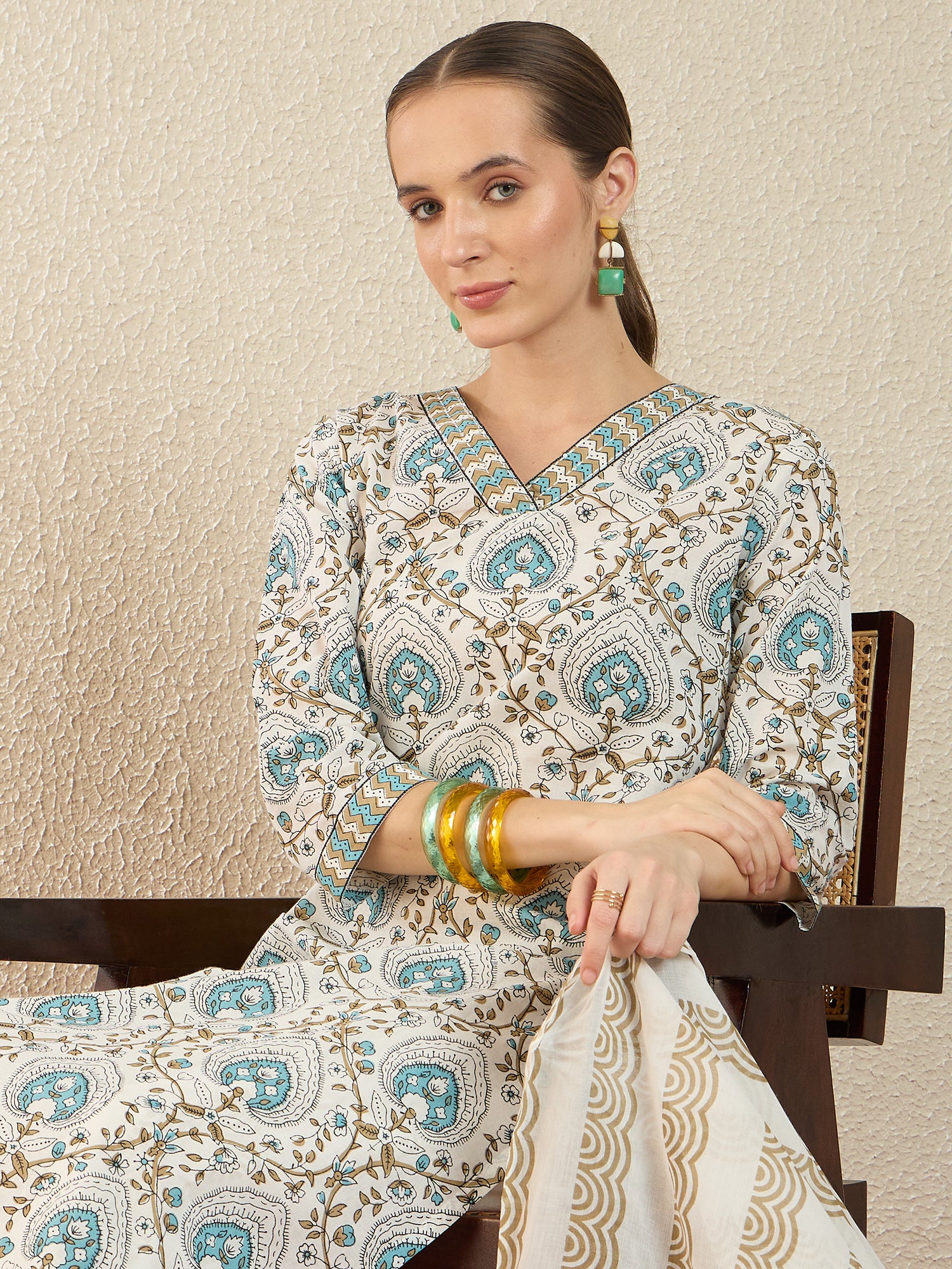 White Printed Pure Cotton Straight Kurta Sets With Dupatta