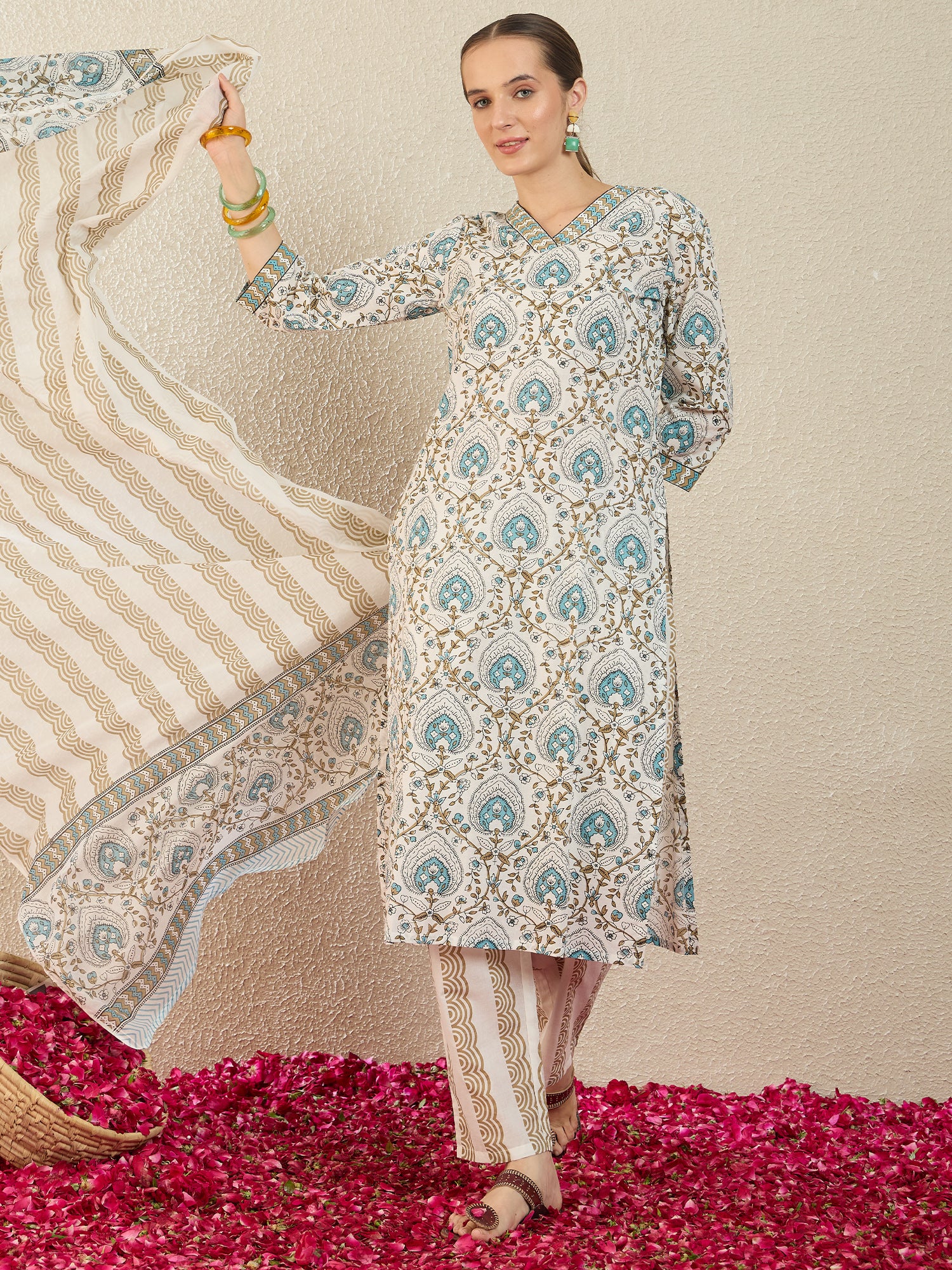 White Printed Pure Cotton Straight Kurta Sets With Dupatta