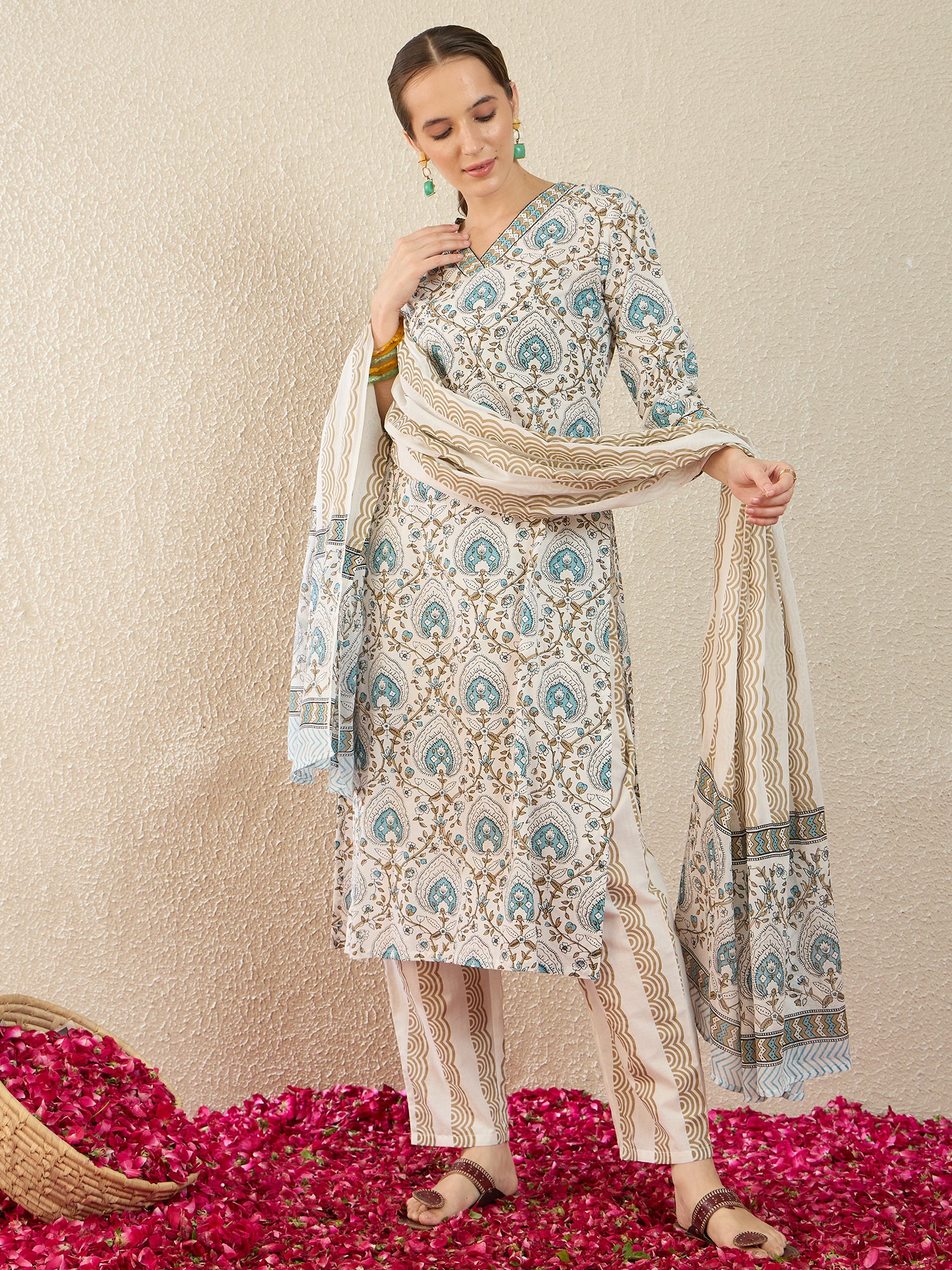 White Printed Pure Cotton Straight Kurta Sets With Dupatta