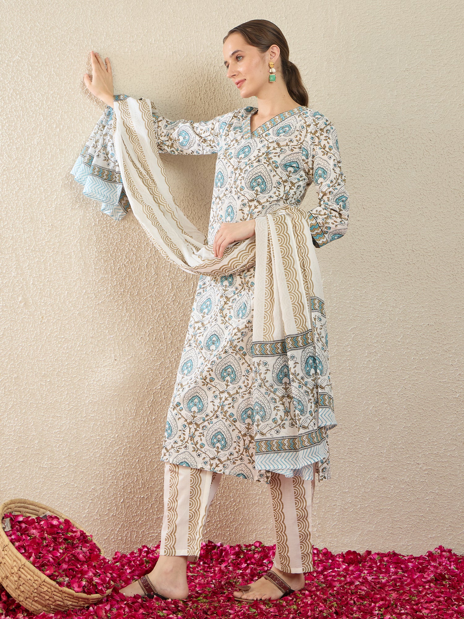 White Printed Pure Cotton Straight Kurta Sets With Dupatta