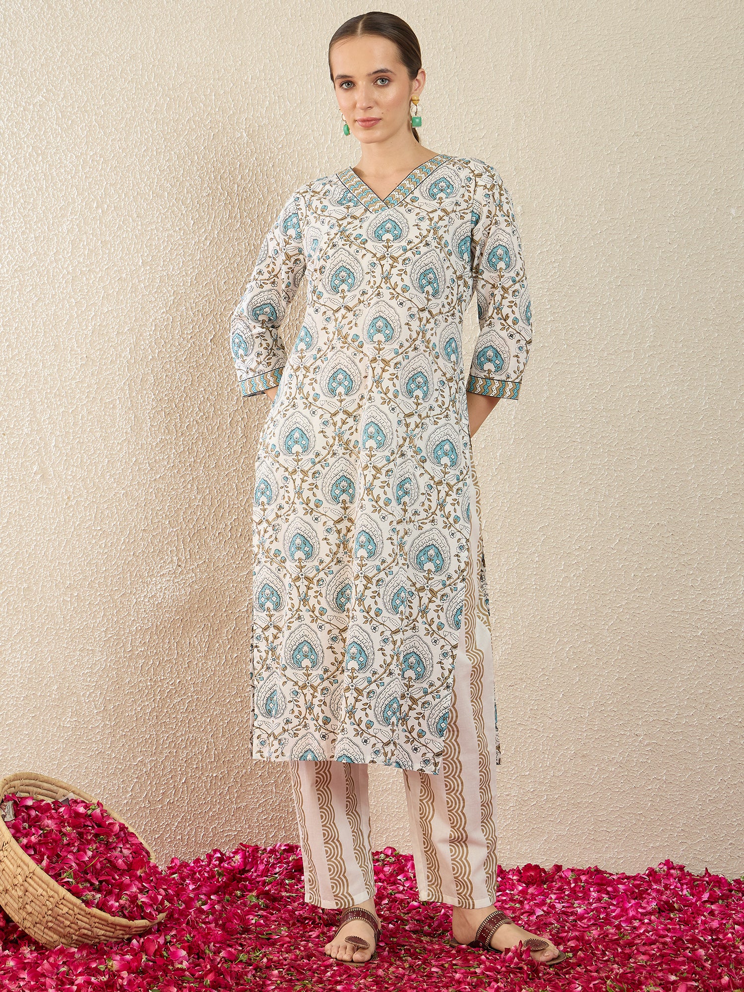 White Printed Pure Cotton Straight Kurta Sets With Dupatta