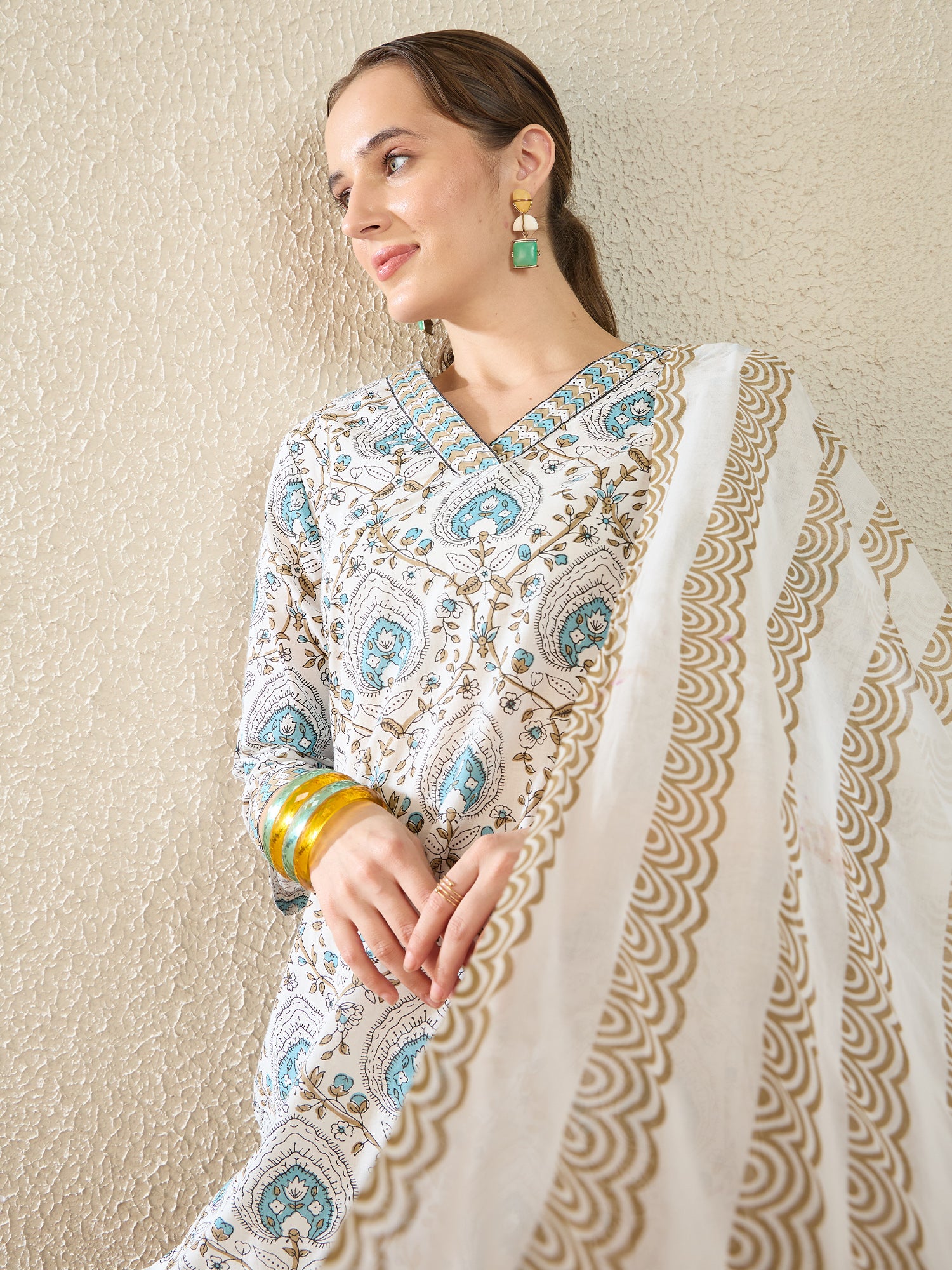 White Printed Pure Cotton Straight Kurta Sets With Dupatta