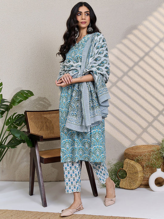 White Printed Pure Cotton Straight Suit Sets With Dupatta