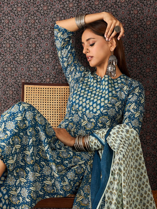 Blue Printed Pure Cotton Straight Kurta Sets With Dupatta